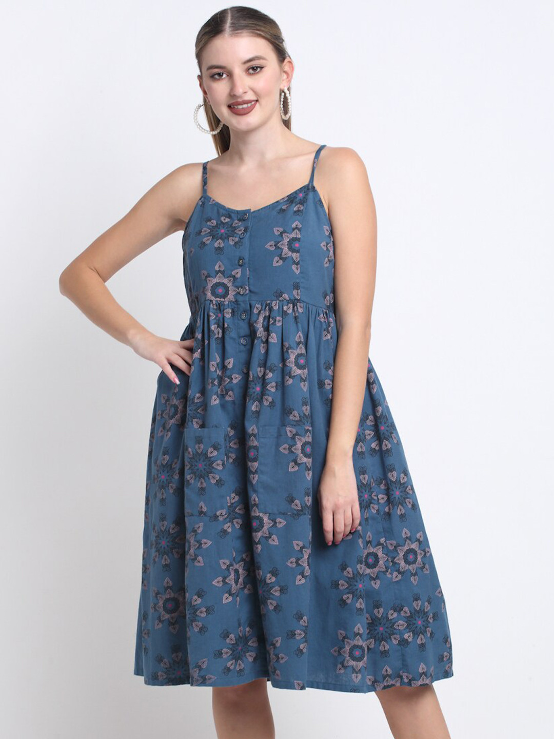 FAABRIQ Floral Printed Shoulder Straps Gathered Detail Pure Cotton Fit & Flare Dress