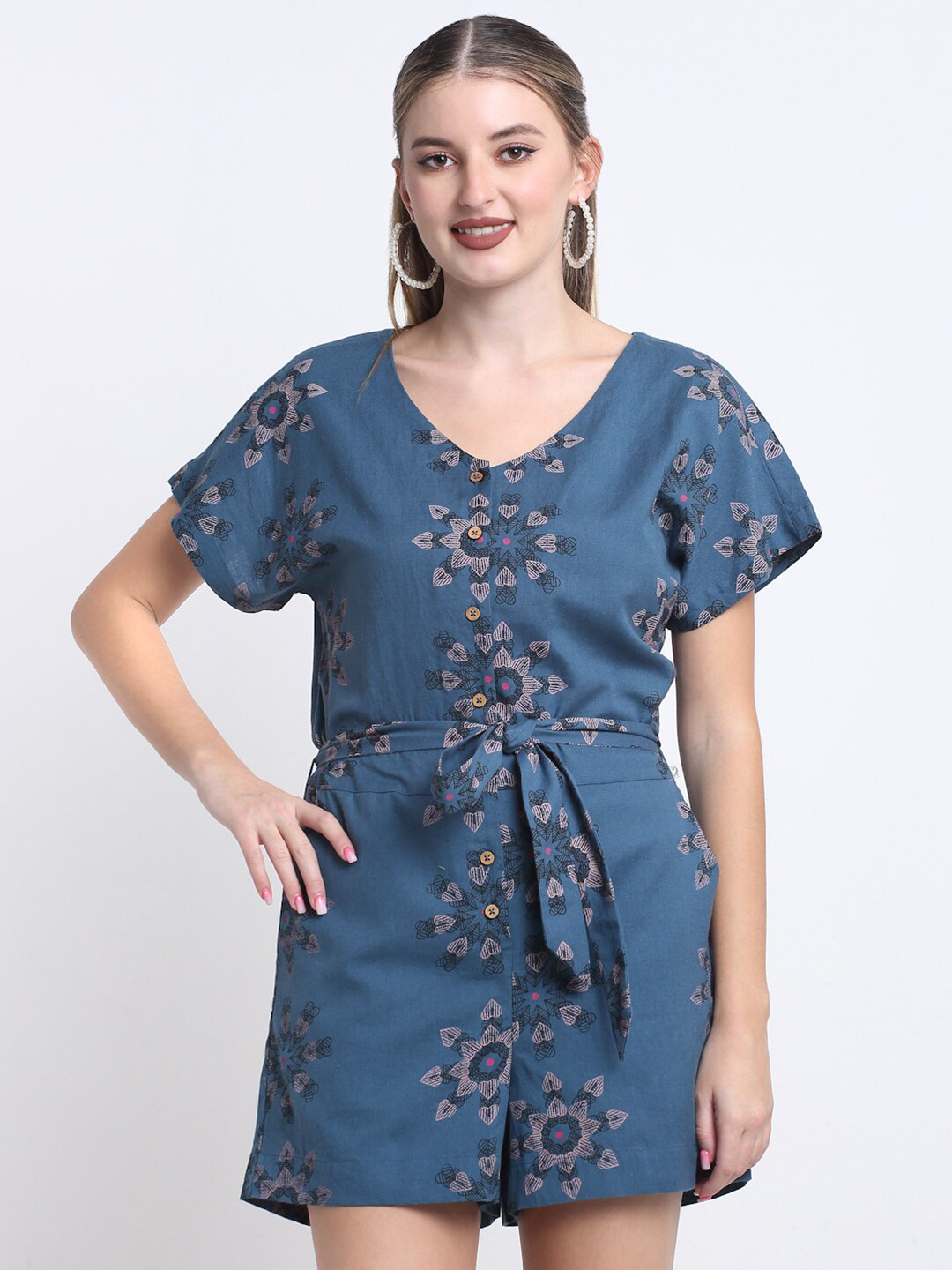 FAABRIQ Ethnic Motifs Printed V-Neck Pure Cotton Playsuit