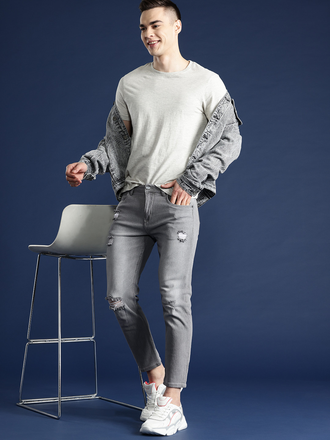 Mast & Harbour Men Slim Tapered Fit Low Distress Light Fade Stretchable Jeans