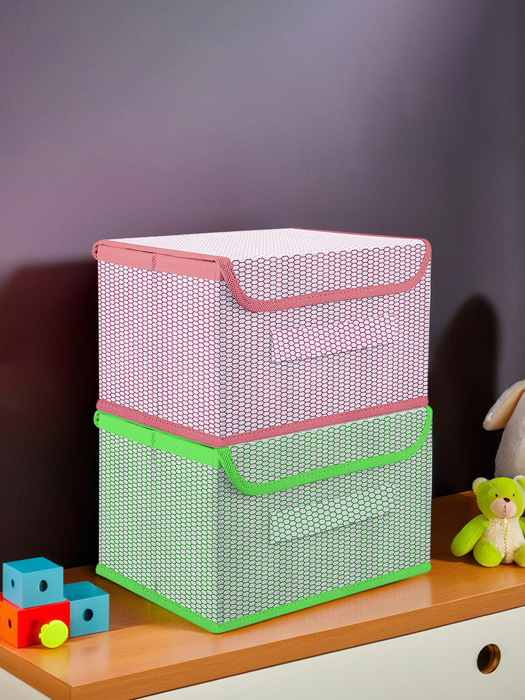 Kuber Industries Green & Pink 2 Pieces Self Design Foldable Drawer Organisers
