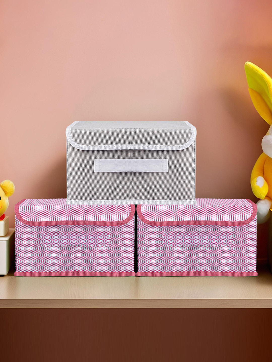 Kuber Industries Pink & Grey 3 Pieces Self Design Foldable Drawer Organisers