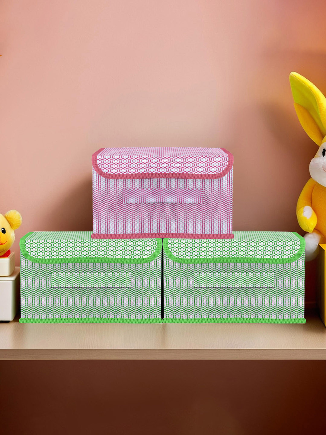 Kuber Industries Green & Pink 3 Pieces Printed Drawer Storage Organisers
