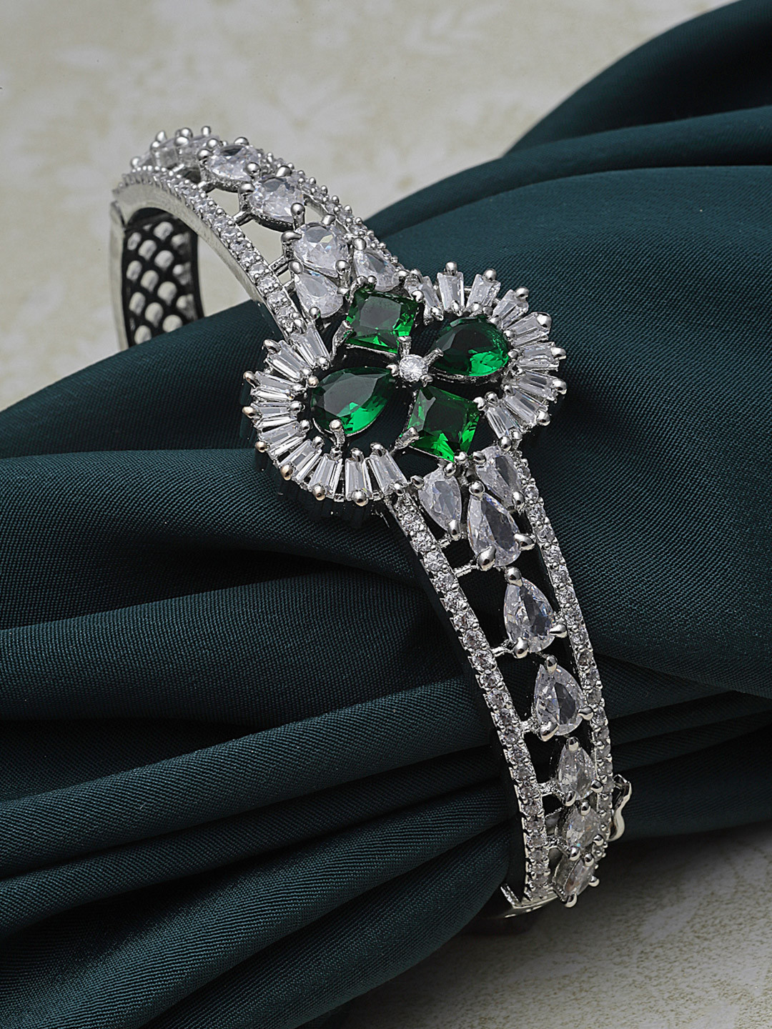 ZENEME Rhodium-Plated Floral Emrald AD Studded Cuff Bracelet