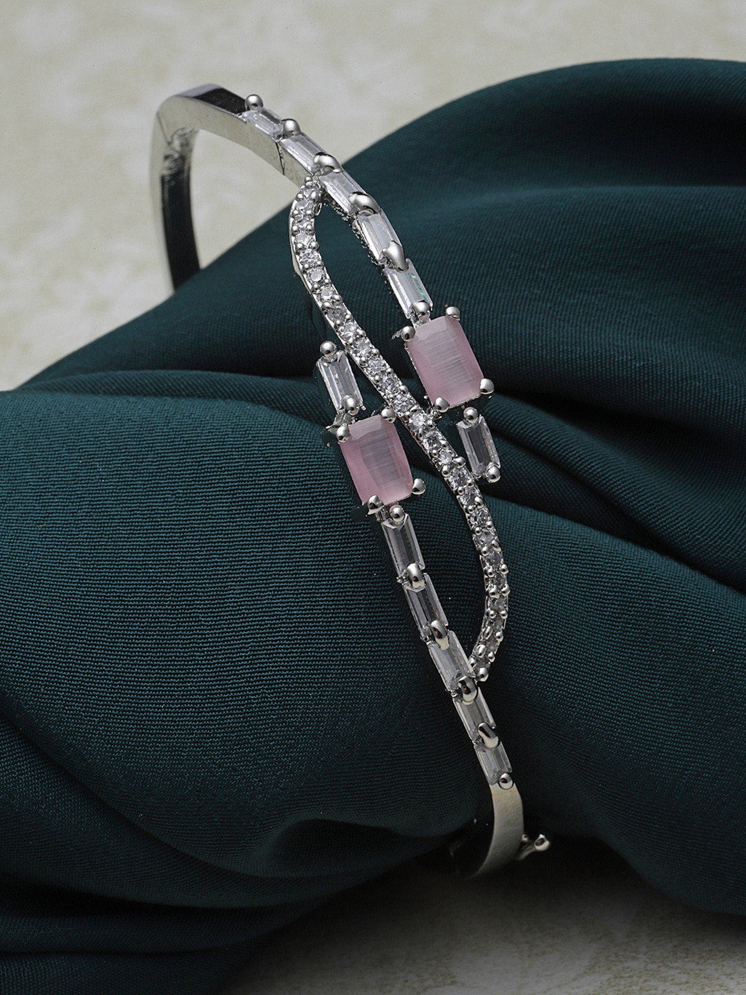 ZENEME Rhodium-Plated Silver Toned Pink American Diamond Cuff Bracelet