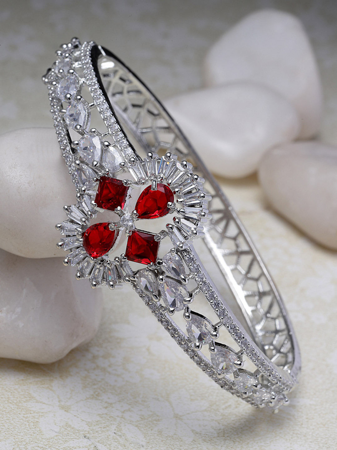 ZENEME Rhodium-Plated Floral Red AD Studded Cuff Bracelet
