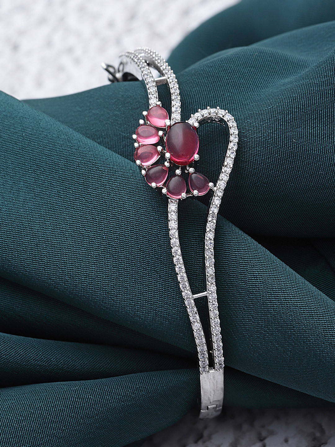 ZENEME Rhodium-Plated Red American Diamond Cuff Bracelet