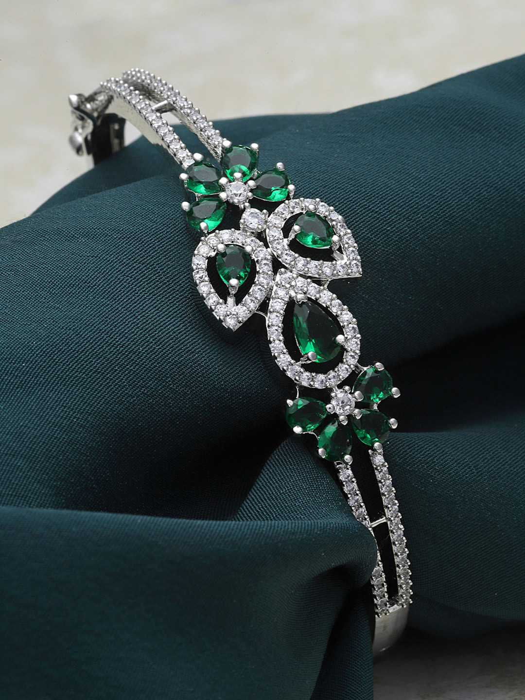 ZENEME Rhodium-Plated Silver Toned Emerald Green AD Studded Cuff Bracelet