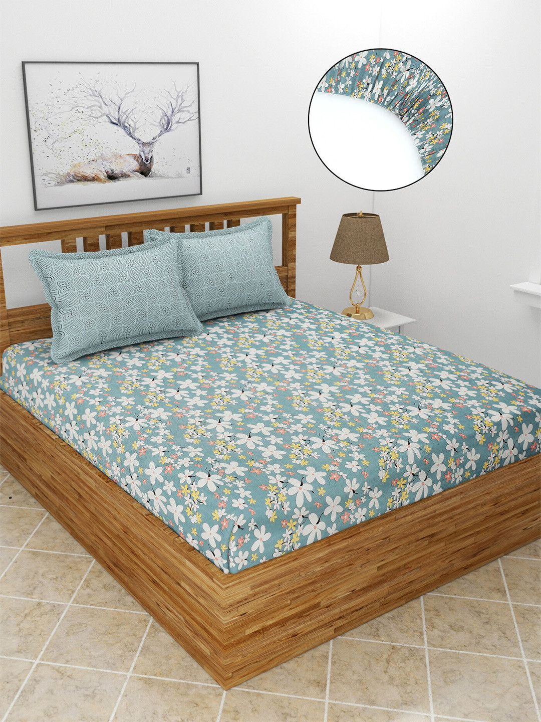 MORADO Flowerbunchcomb Grey Floral Polycotton 210 TC Fitted King Fine Bedsheet with 2 Pillow Covers-78 x 72 inches