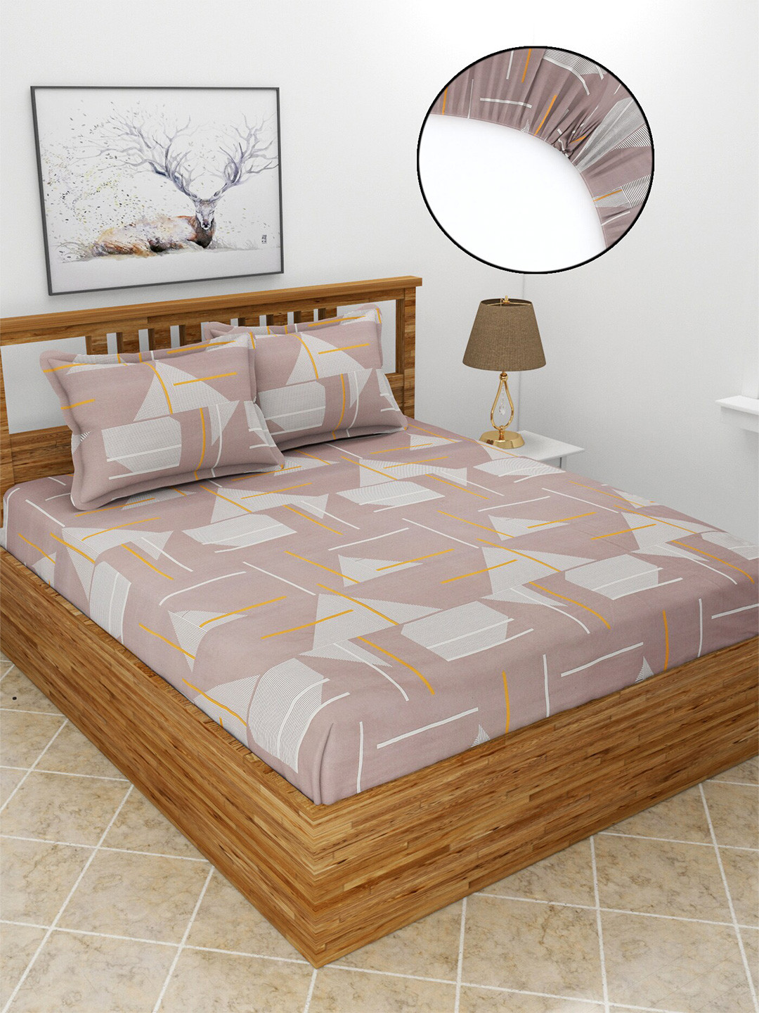 MORADO Maple Brown Abstract Polycotton 210 TC Fitted Queen Fine Bedsheet with 2 Pillow Covers-180 x 190 cm