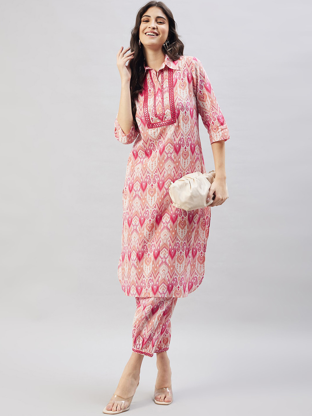 WineRed Ethnic Motifs Printed Mirror Work Regular Pure Cotton Kurta with Harem Pants