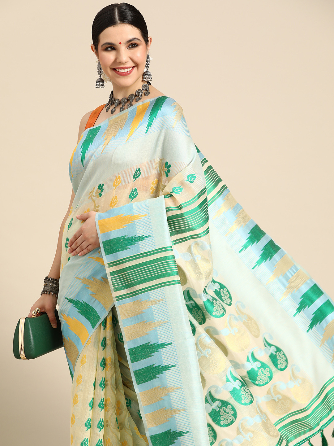 Silk Land Blue & Beige Floral Phulkari Cotton Jamdani Saree