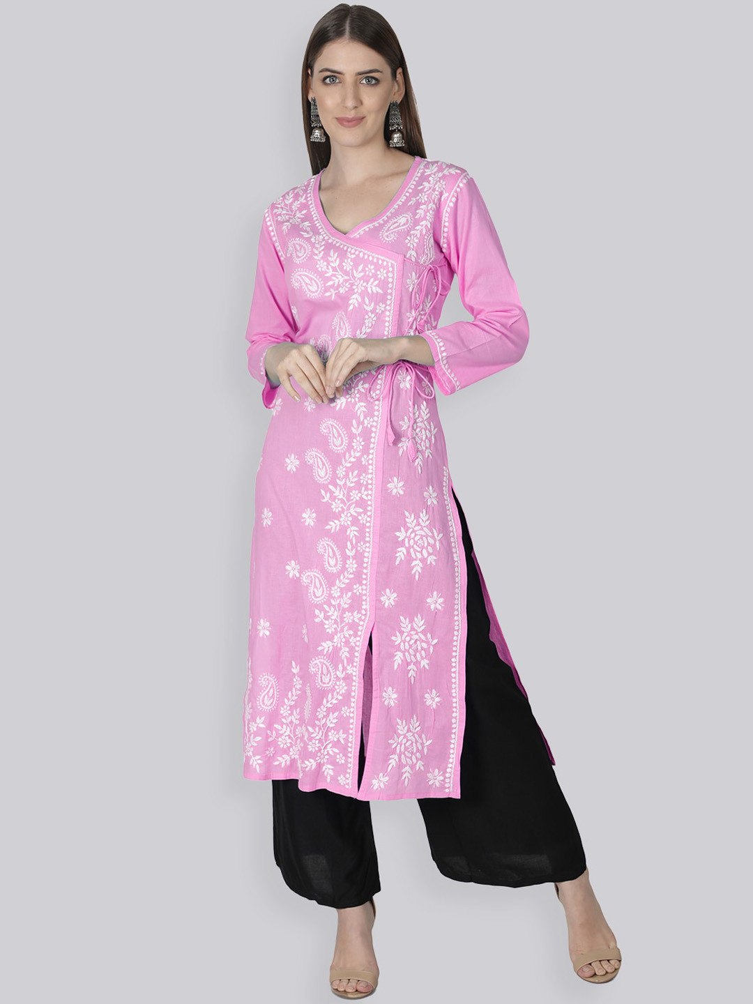 Seva Chikan Floral Embroidered Cotton Angrakha Chikankari Kurta