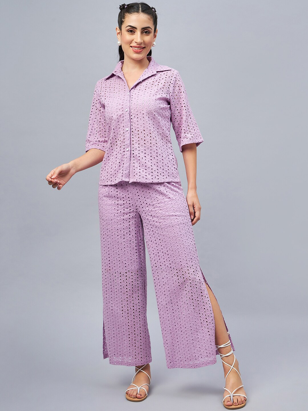 WineRed Self Design Pure Cotton Shirt With Trouser Co-Ords
