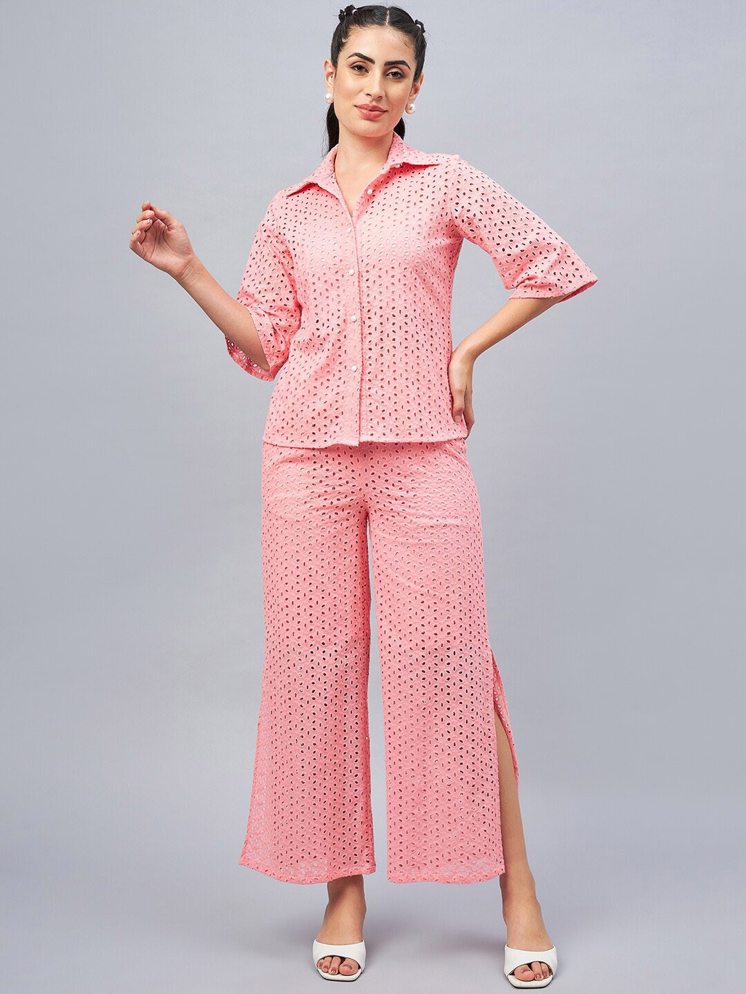 WineRed Self Design Pure Cotton Shirt With Slit Trousers Co-Ords