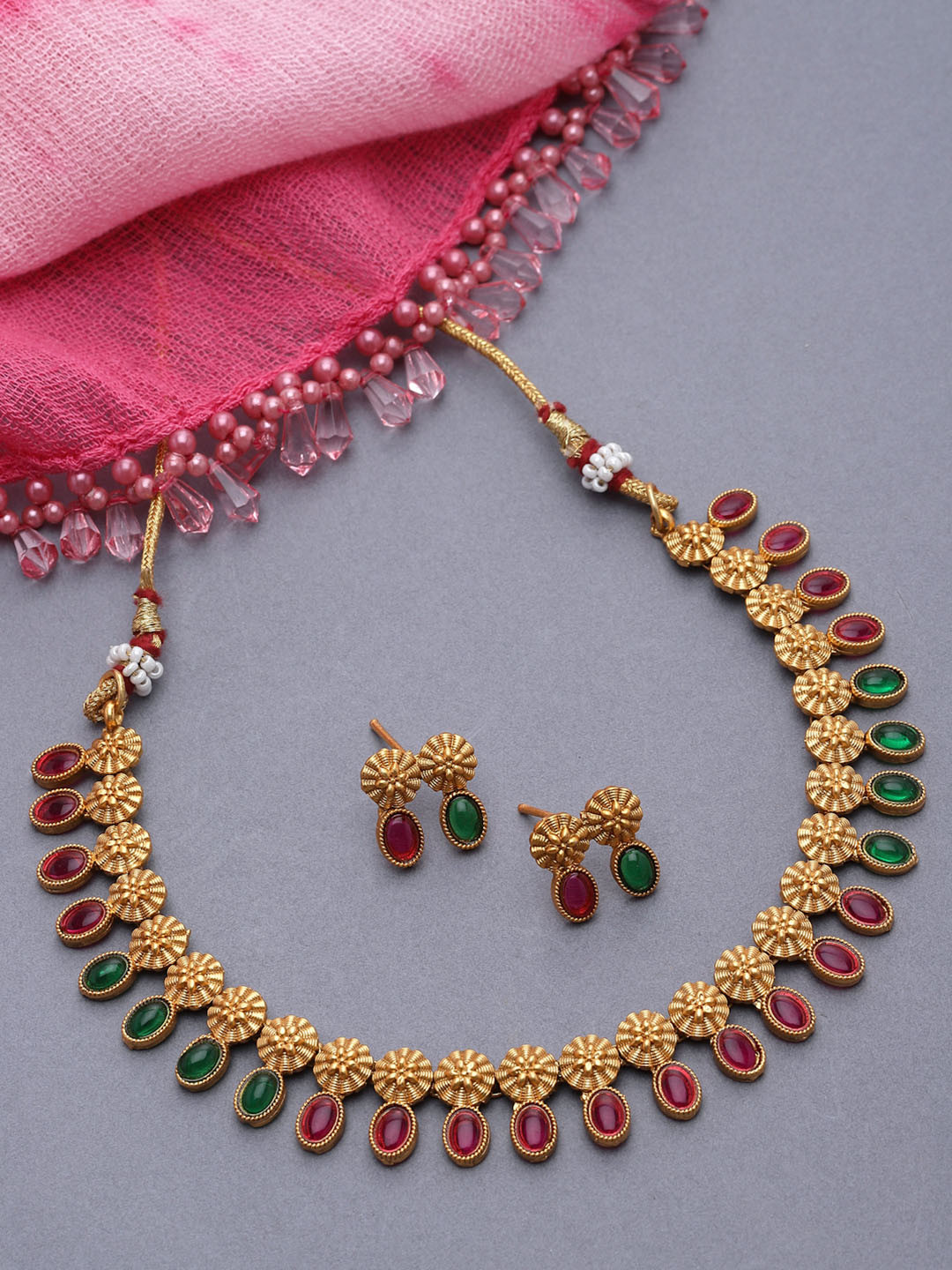 ZENEME Gold-Plated Cubic Zirconia-Studded Floral Theme Jewellery Set