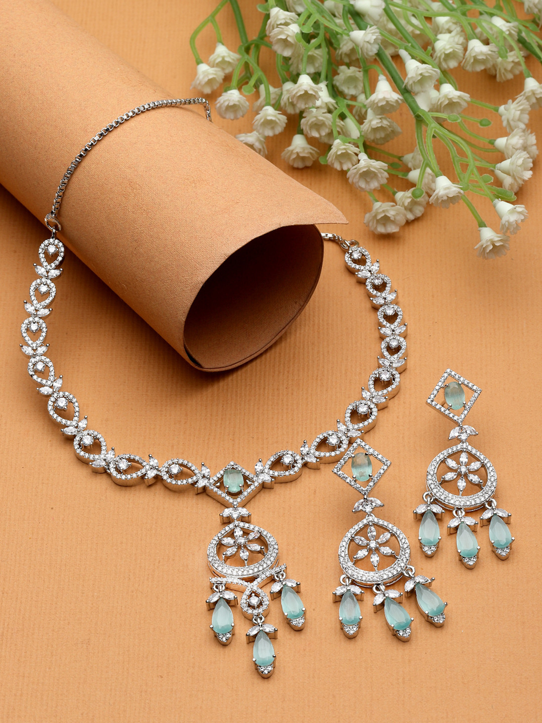 ZENEME Rhodium-Plated American Diamond studded Jewellery Set