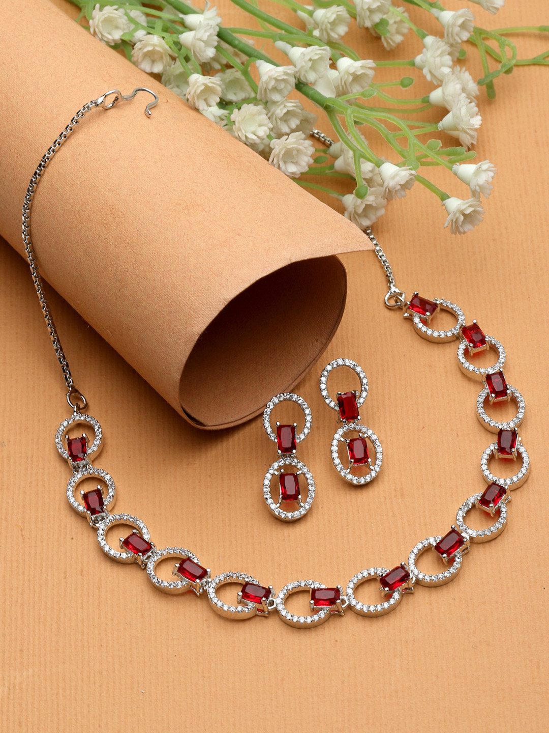 ZENEME Rhodium-Plated American Diamond-Studded Jewellery Set