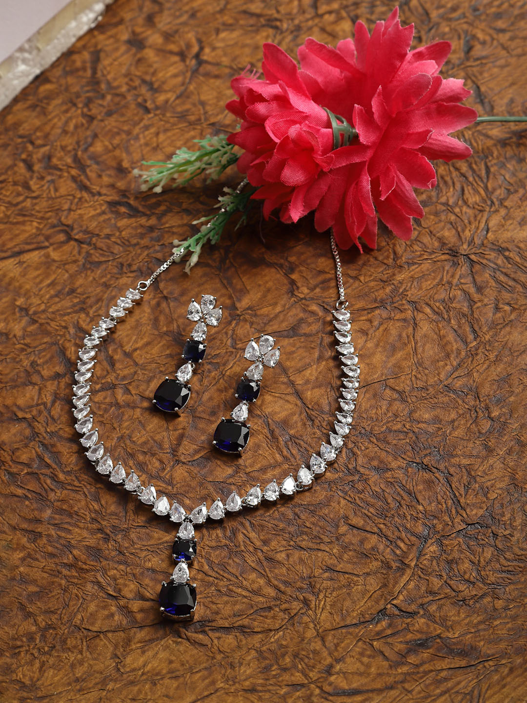 ZENEME Rhodium-Plated American Silver Toned Blue American Diamond-Studded Jewellery Set