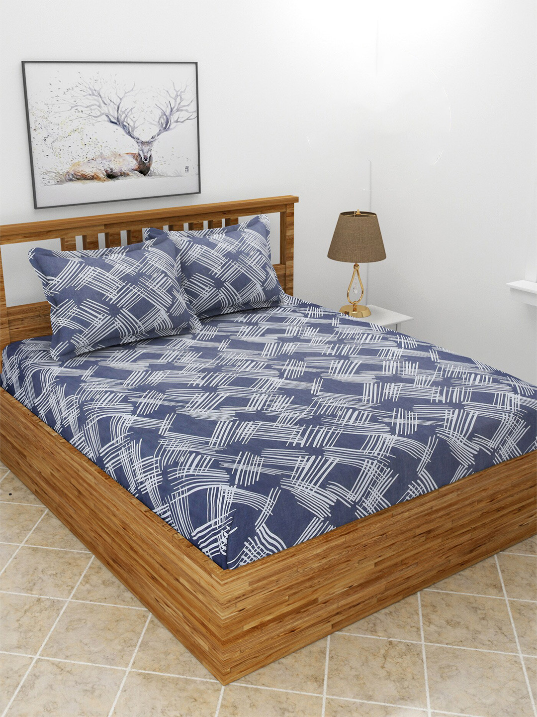 MORADO Snowd Blue Abstract Polycotton 210 TC Fitted Queen Fine Bedsheet with 2 Pillow Covers-71 x 75 inches