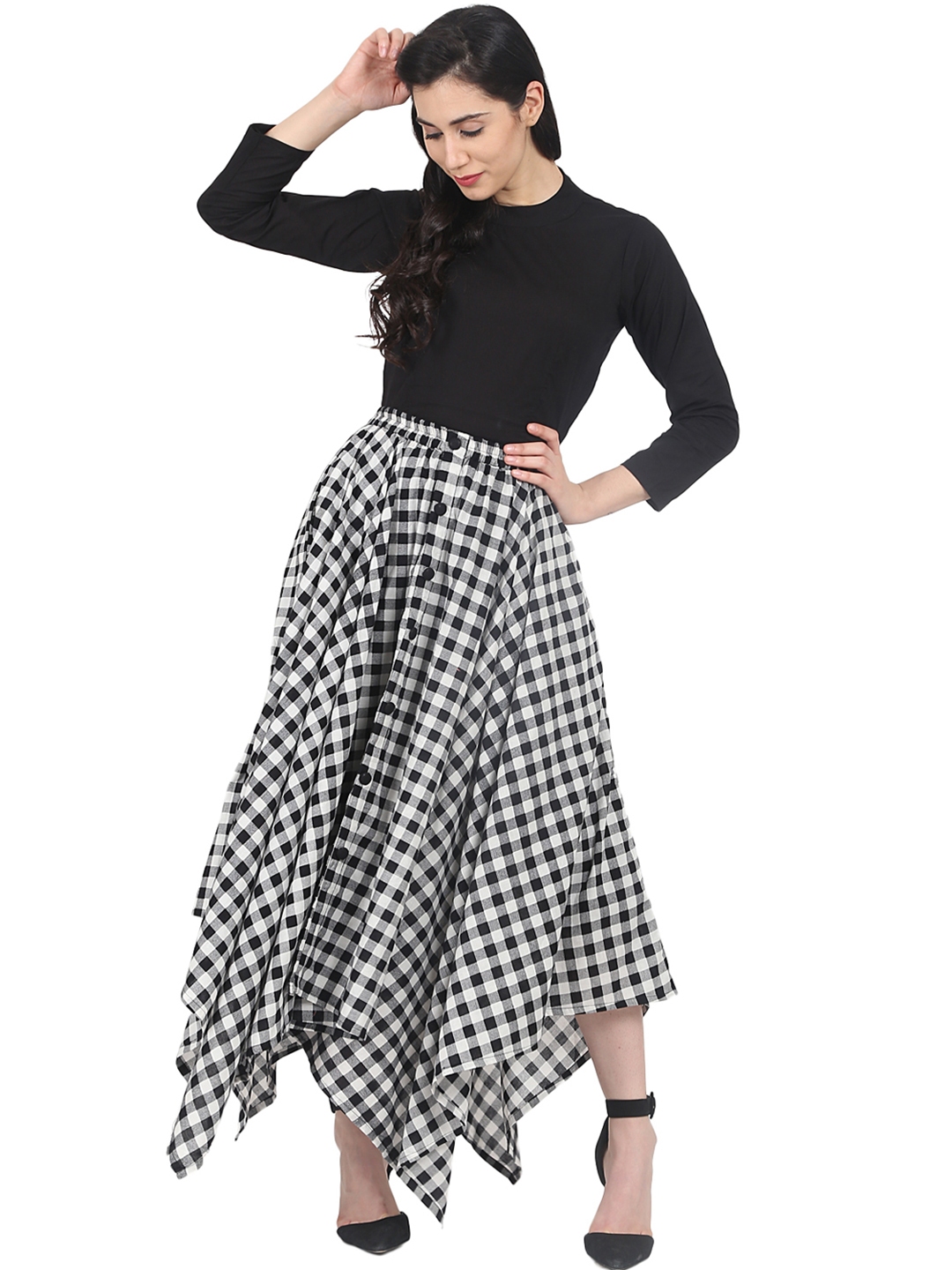 Buy Nayo Women Black & White Solid Top With Checked Skirt - Co ...