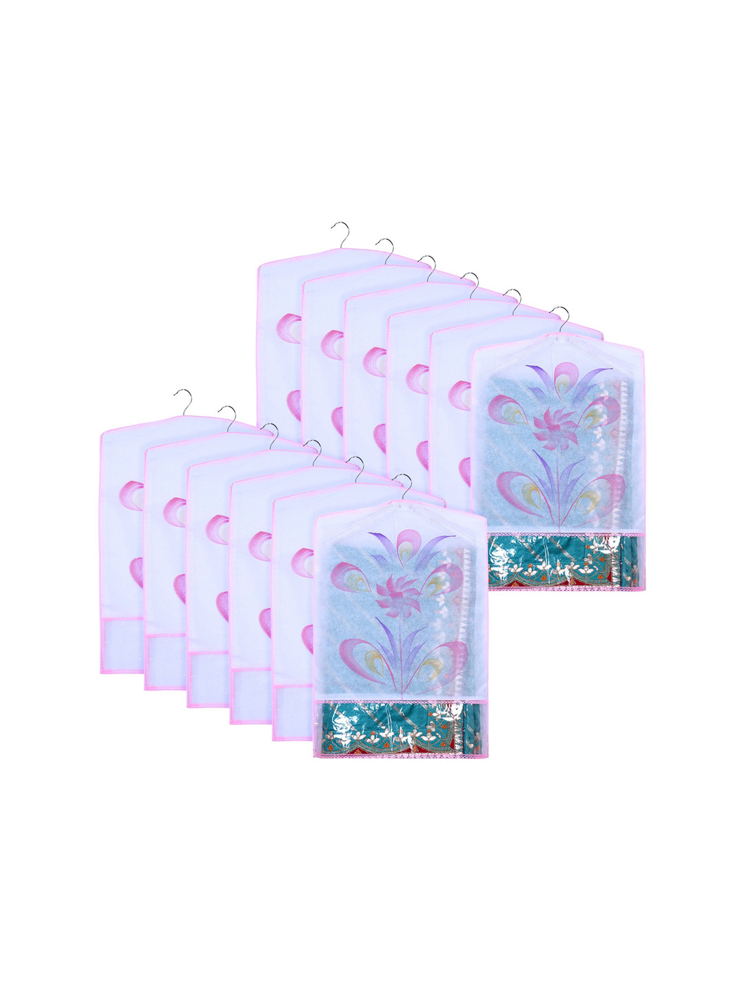Kuber Industries Pink 12 Pieces Printed Fabric Hanging Saree Cover Organizers