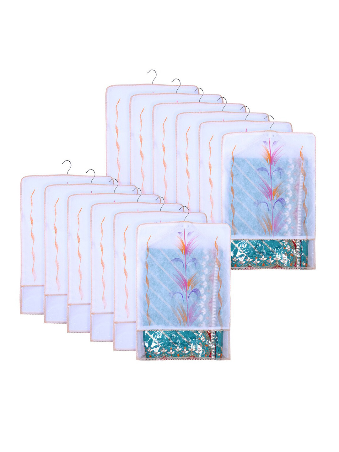 Kuber Industries Orange Coloured & Transparent 12 Pieces Printed Hanging Saree Organizers