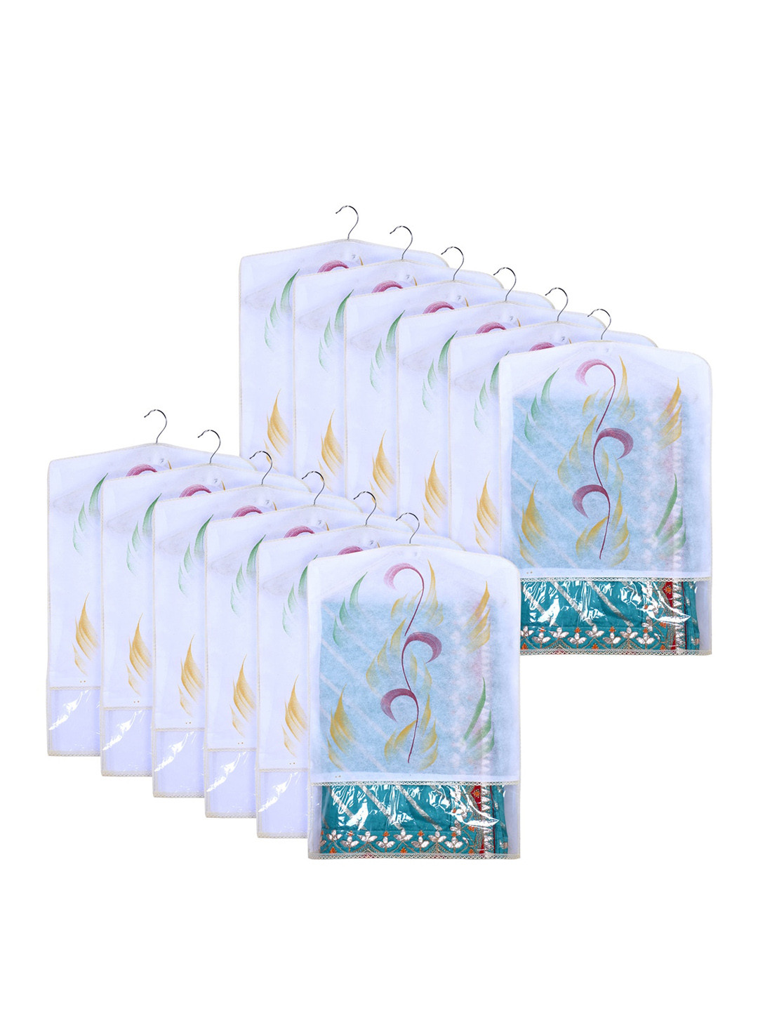 Kuber Industries Yellow & Transparent 12 Pieces Printed Hanging Saree Cover Organizers