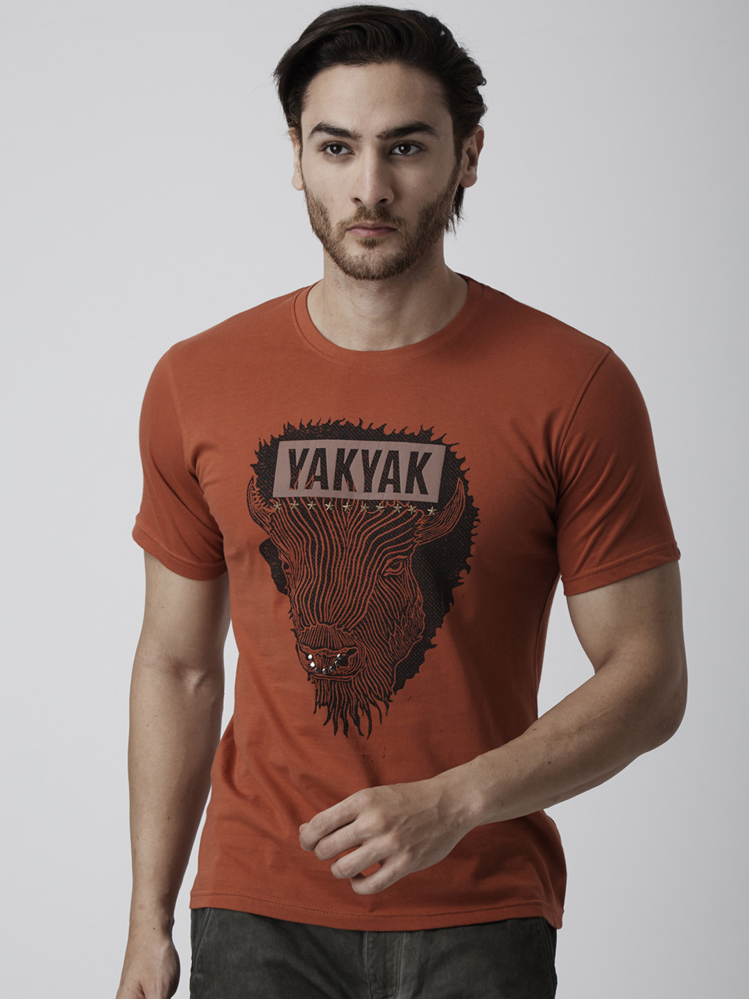 YAK YAK Men Orange Graphic Printed Regular Fit Organic Cotton T-Shirt