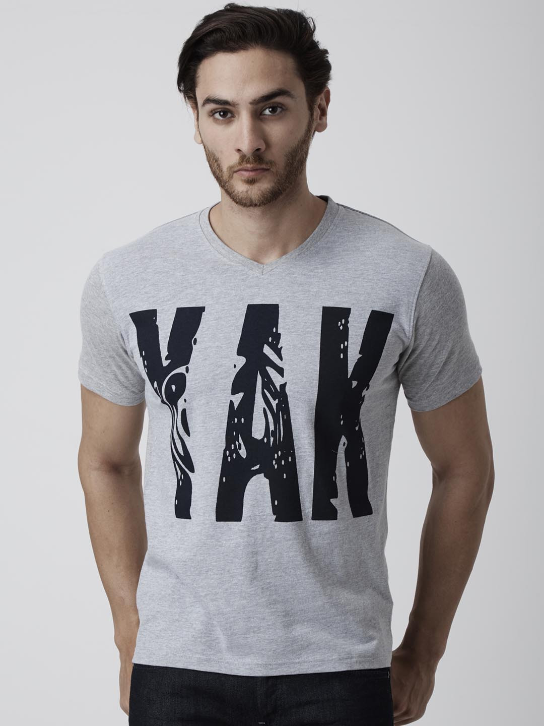 YAK YAK Men Grey Melange Graphic Printed V-Neck Slim Fit Pure Cotton T-Shirt