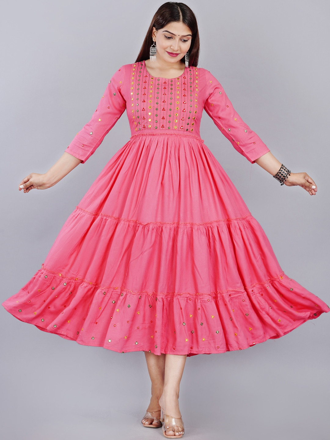 ao services Geometric Embroidered Gathered Detailed Fit & Flare Ethnic Dress