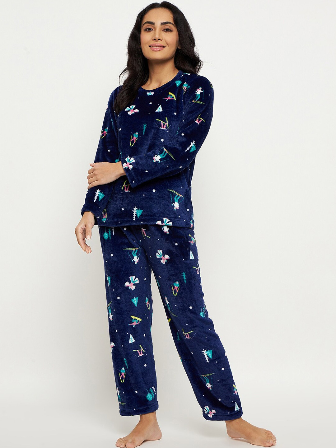 Camey Women White Printed Full Sleeve Night suit