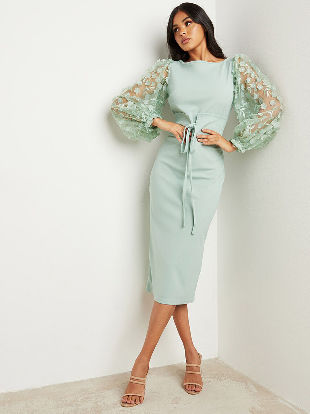 Styli Tie-Ups Boat Neck Puff Sleeve Bodycon Dress