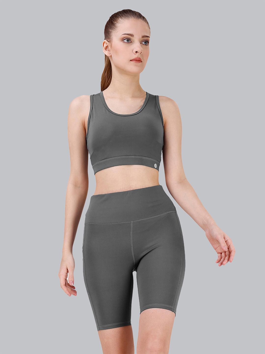 Soie High Rise Medium Impact Full Coverage Moisture Wicking Racerback Sports Bra & Shorts