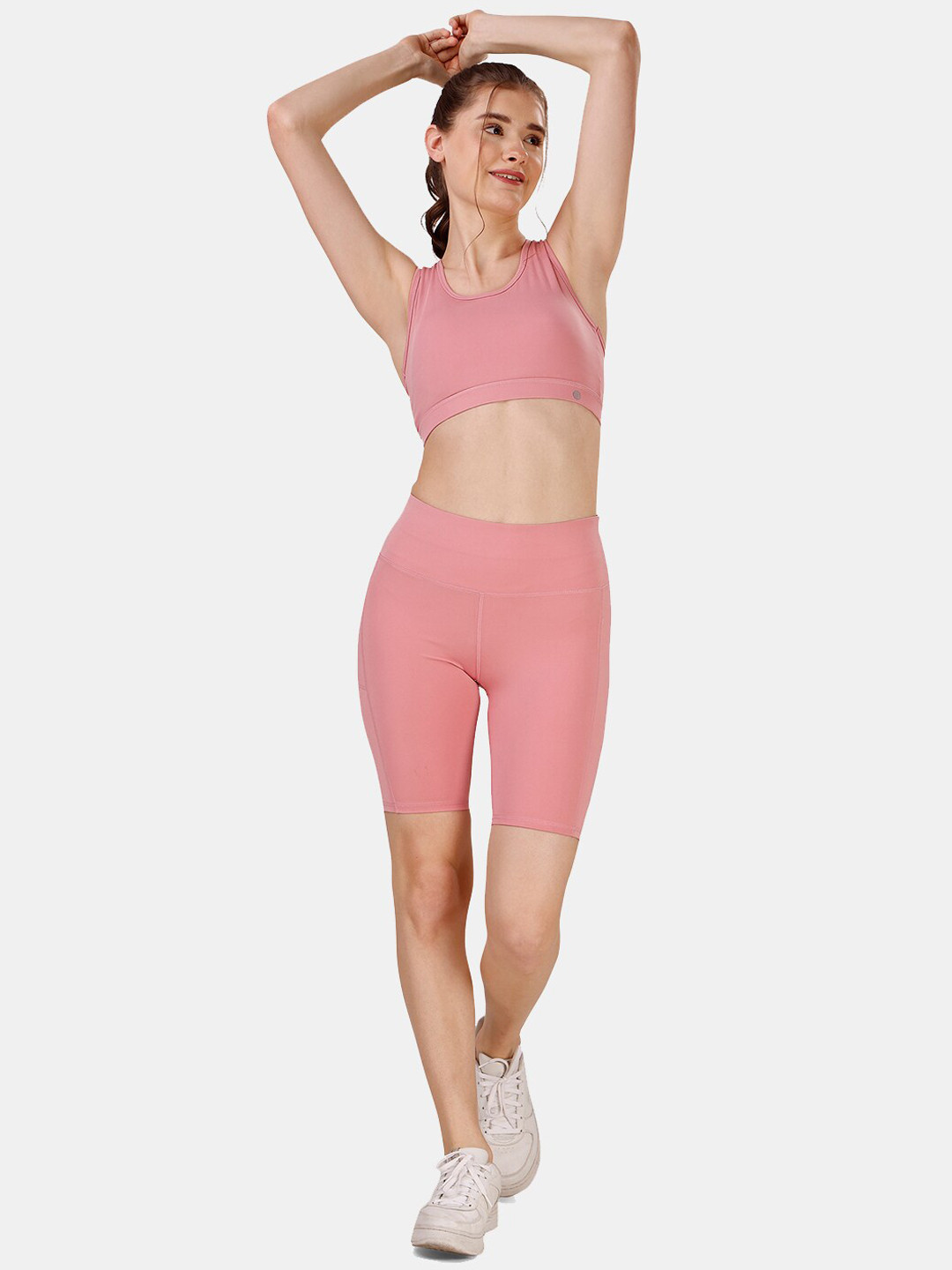 Soie High Rise Medium Impact Full Coverage Moisture Wicking Racerback Sports Bra & Shorts