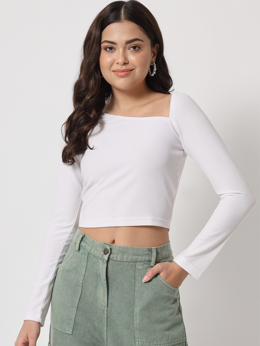 Chemistry Asymmetric Neck Ribbled Fitted Crop Top