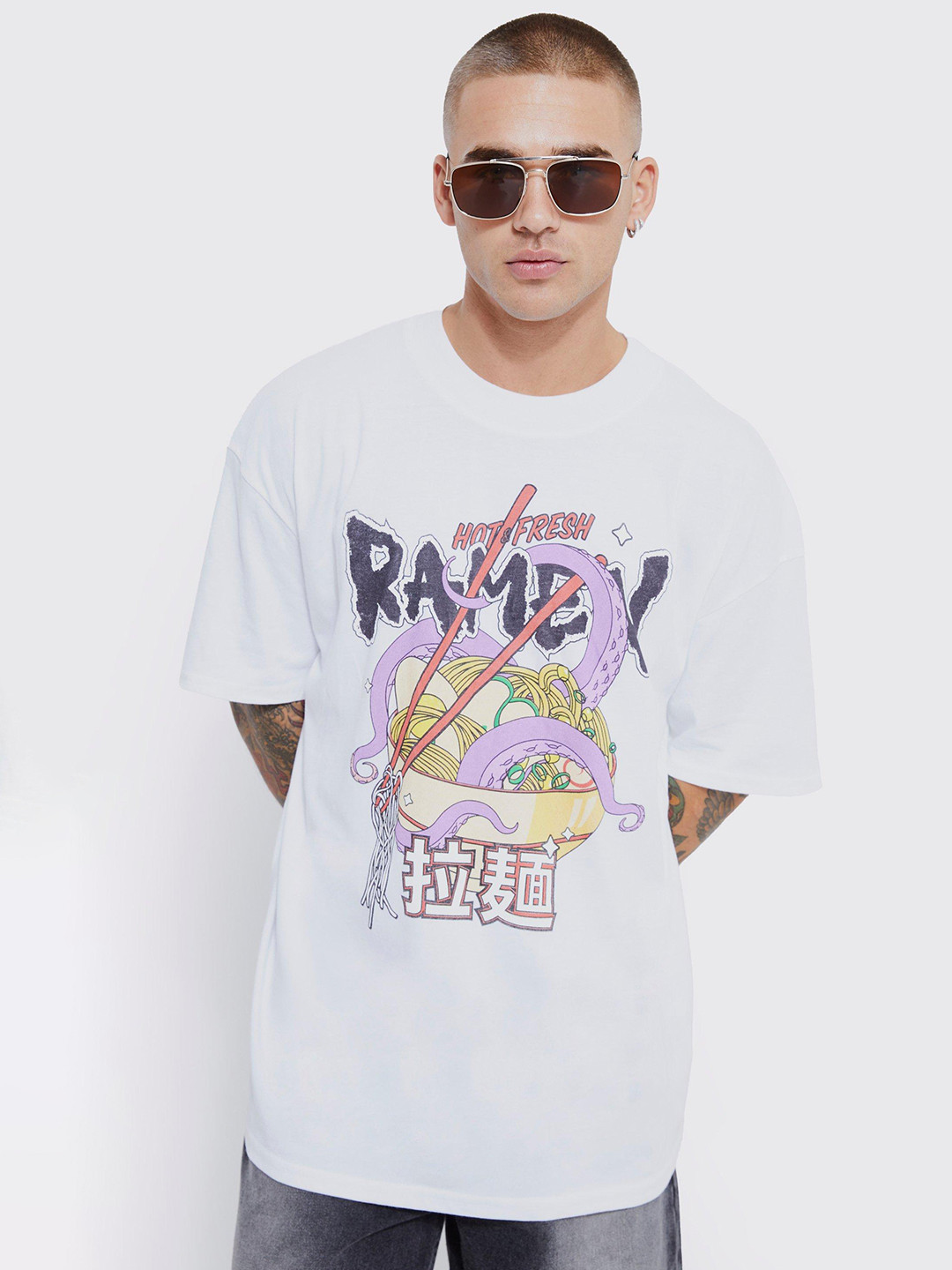 boohooMAN Ramen Noodle Printed Drop-Shoulder Sleeves Pure Cotton Oversized T-shirt