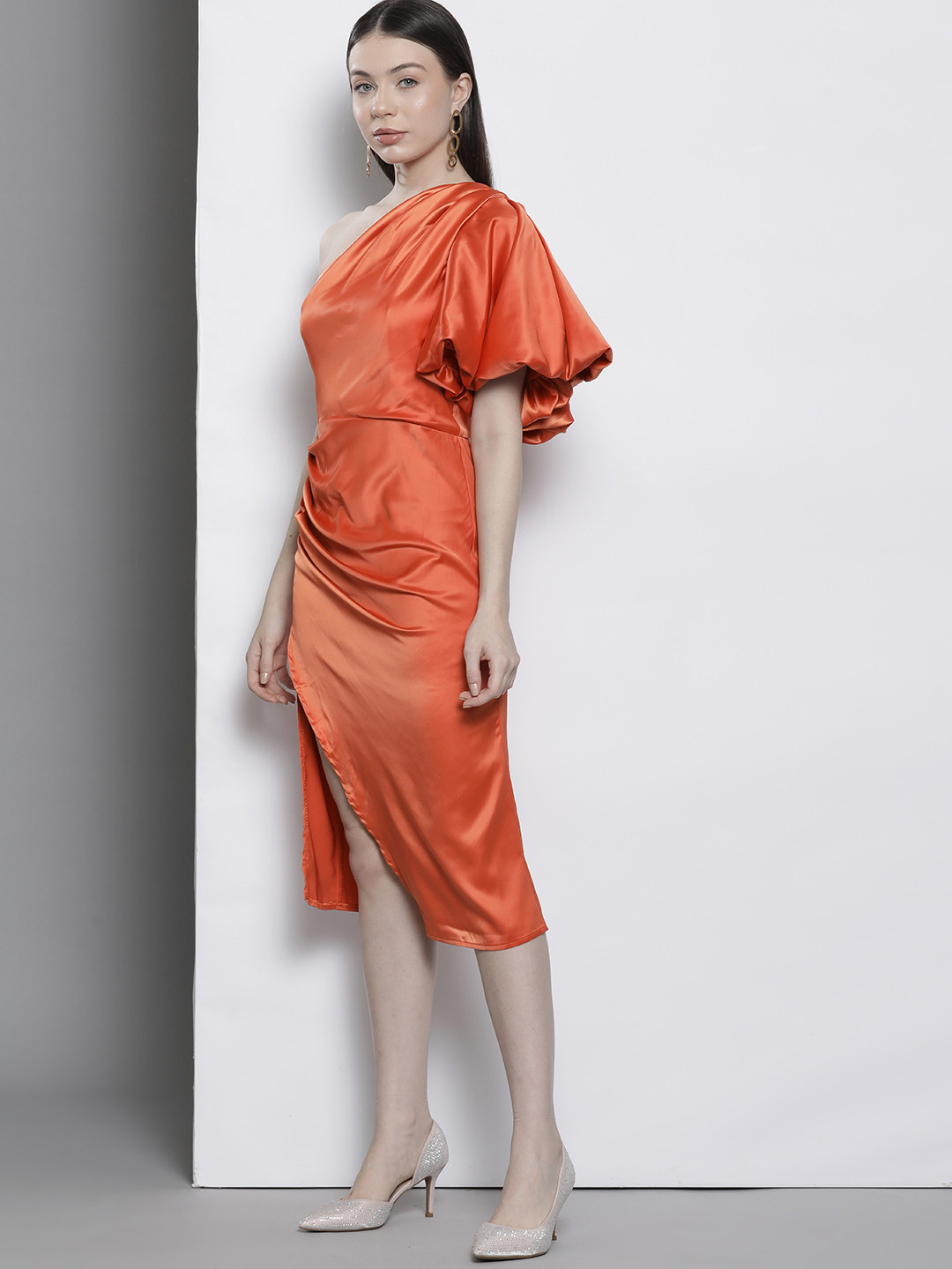 Boohoo Ruched Satin Finish Sheath Midi Dress