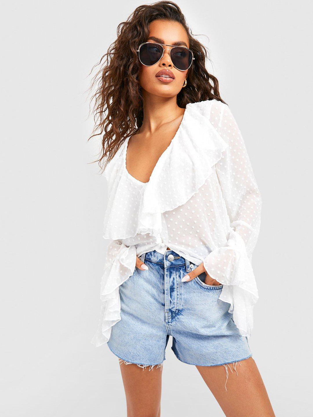 Boohoo Ruffled Sheer High-Low Top