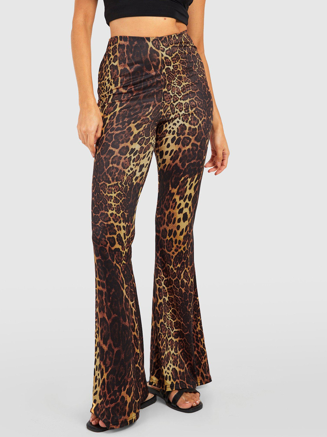 Boohoo Women Leopard Print Flared High-Rise Trousers