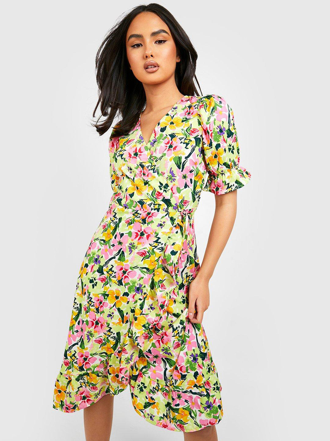 Boohoo Floral Print Wrap Dress