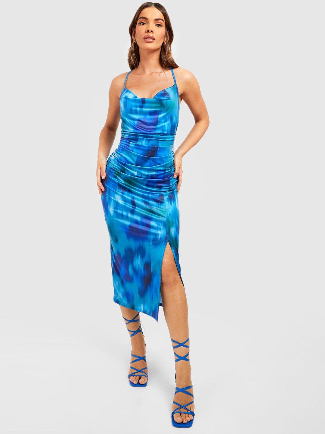 Boohoo Printed Cowl Neck Slip Midi Dress
