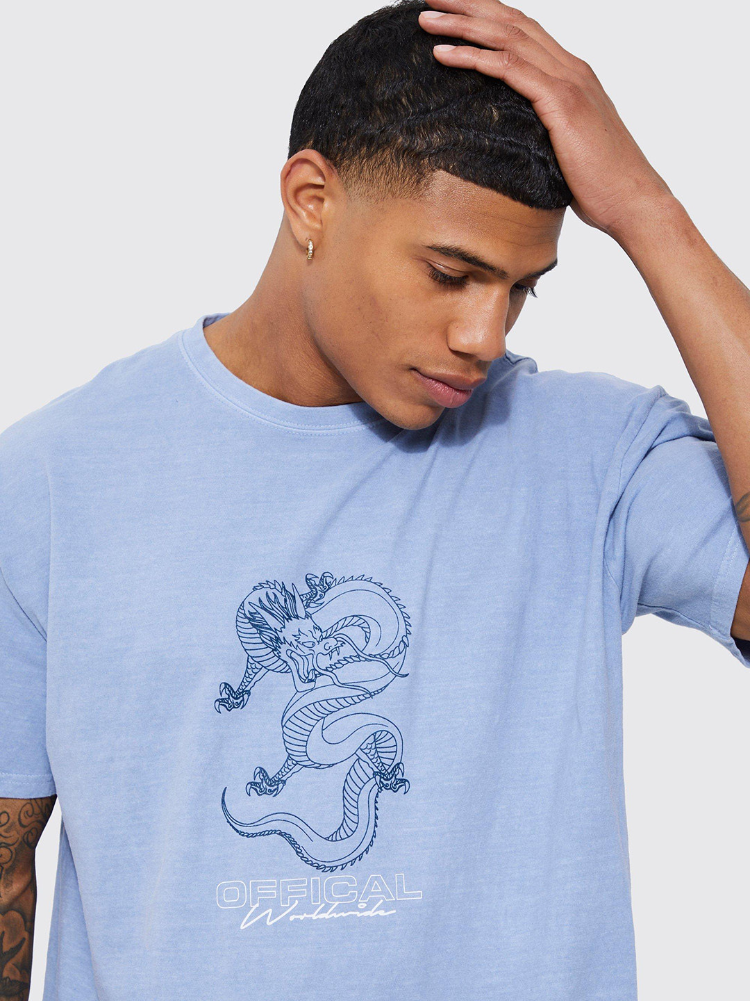 boohooMAN Dragon Printed Drop-Shoulder Sleeves Pure Cotton Oversized T-shirt