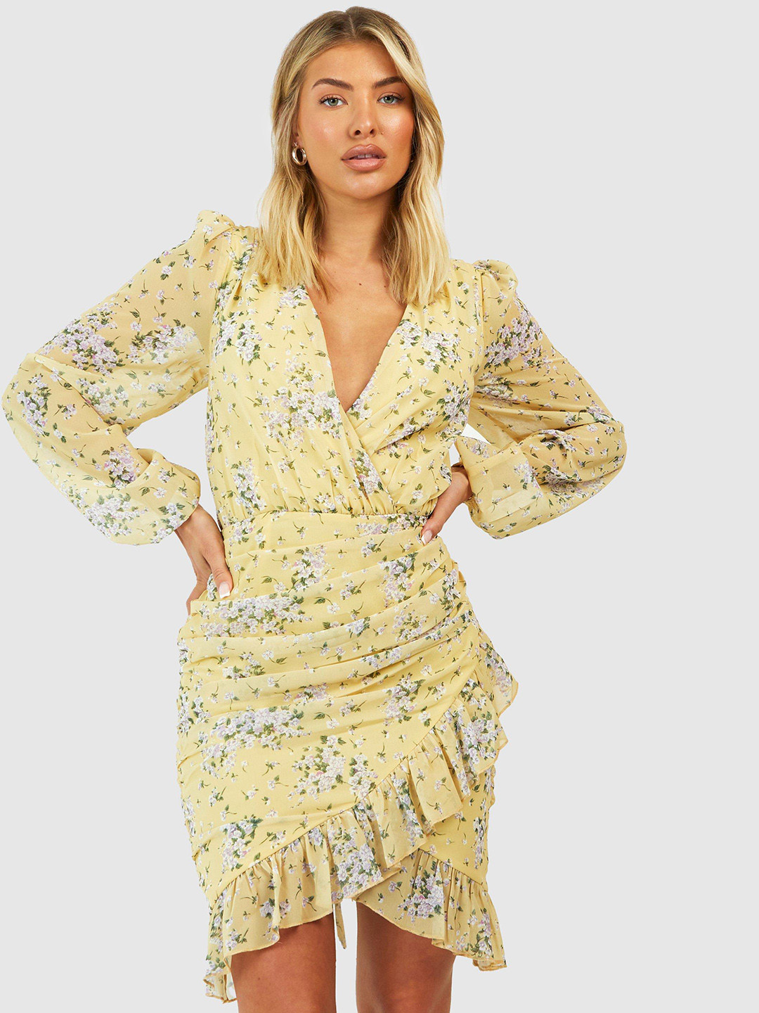 Boohoo Floral Print Ruffled Bodycon Mini Dress