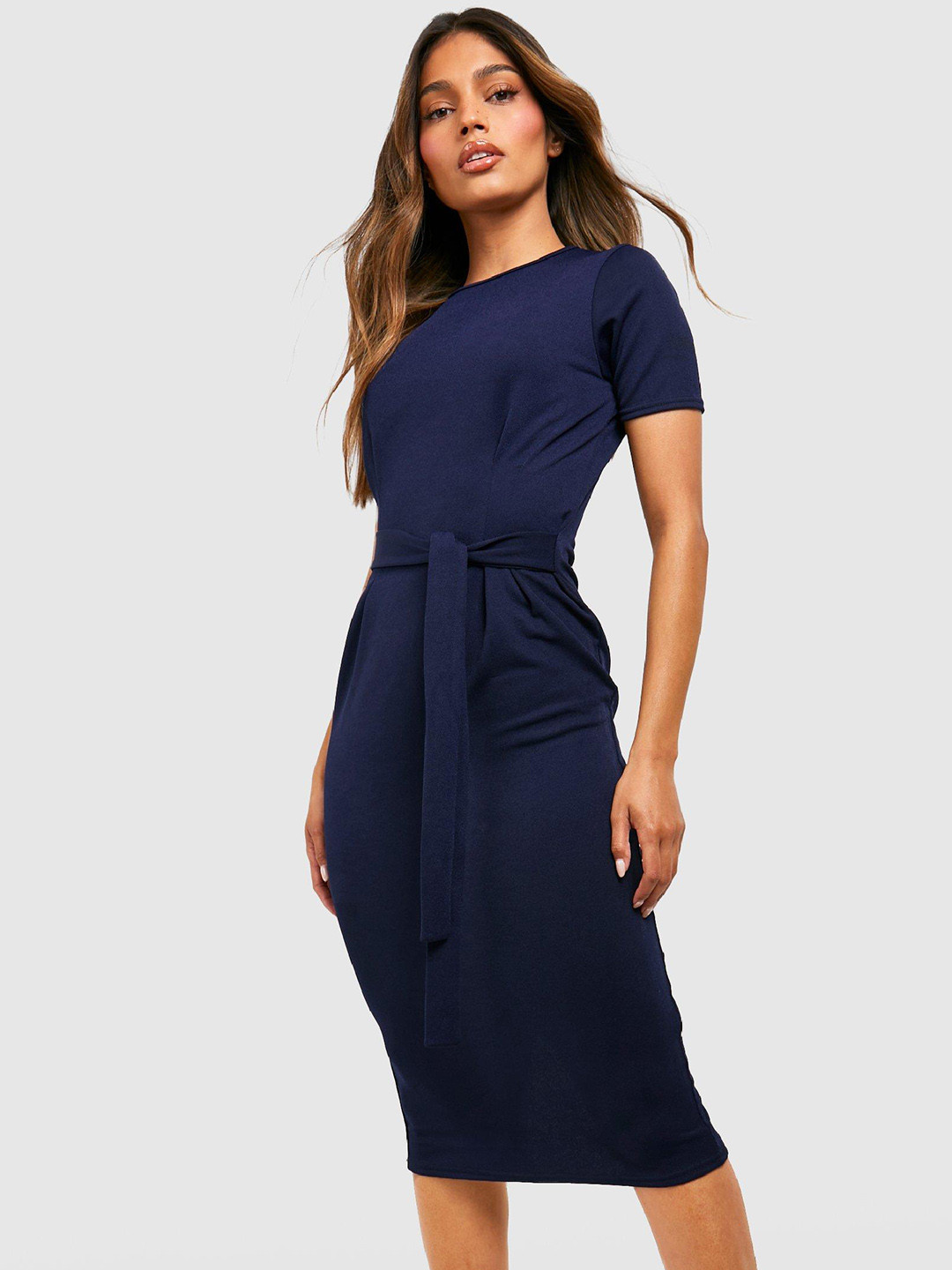 Boohoo Belted Sheath Midi Dress