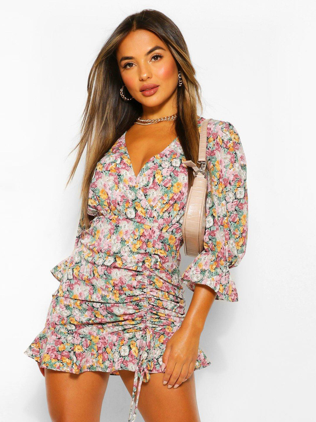 Boohoo Petite Floral Print Ruched Bodycon Mini Dress