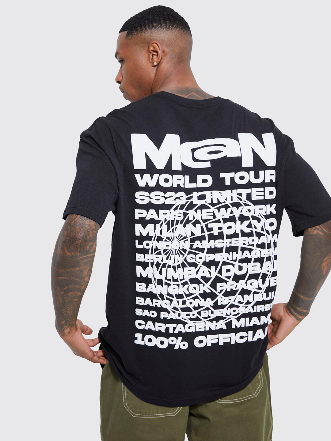 boohooMAN World Tour Printed Drop-Shoulder Sleeves Monochrome Cotton Oversized T-shirt