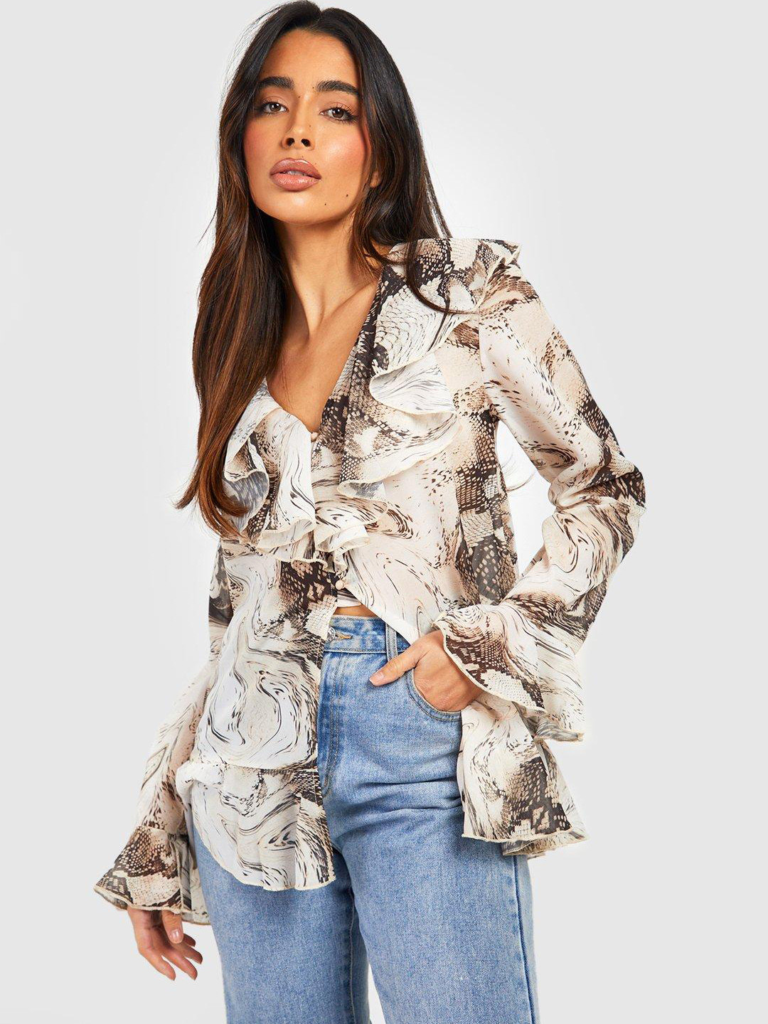 Boohoo Animal Print Ruffles Chiffon Top