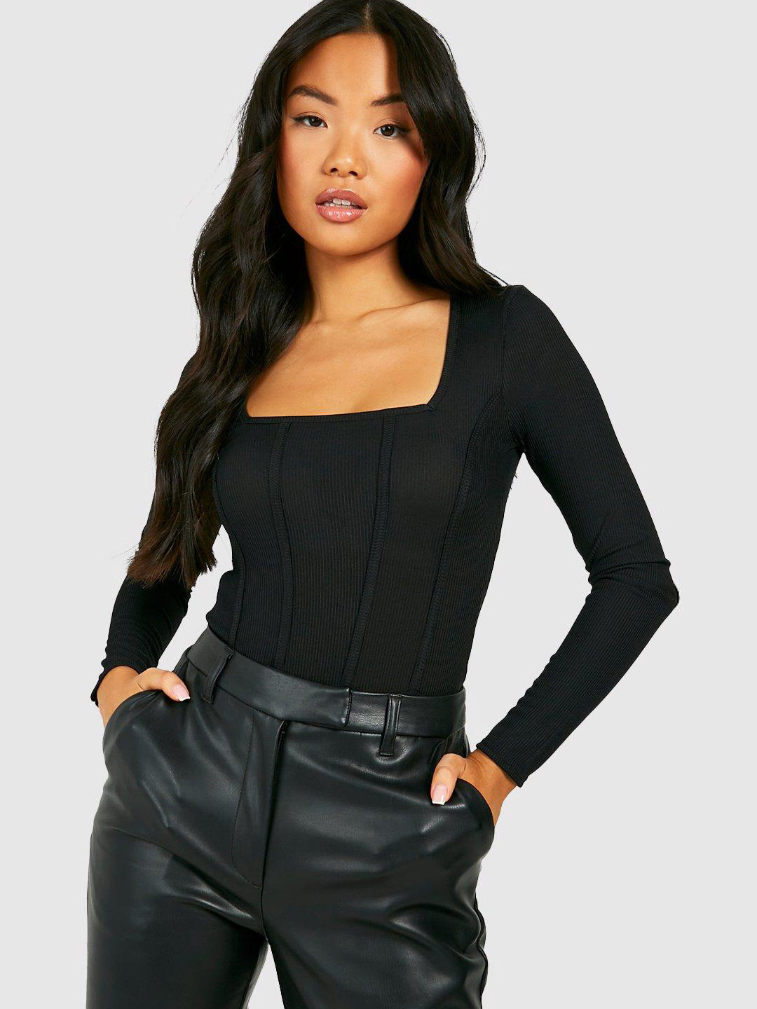 Boohoo Petite Ribbed Square Neck Full Sleeves Bodysuit