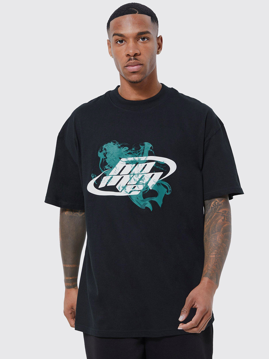 boohooMAN Homme Smoke Printed Drop-Shoulder Sleeves Pure Cotton Oversized T-shirt