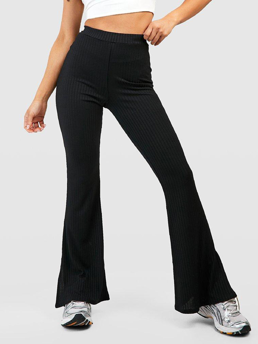Boohoo Petite Women Ribbed Flared High-Rise Trousers